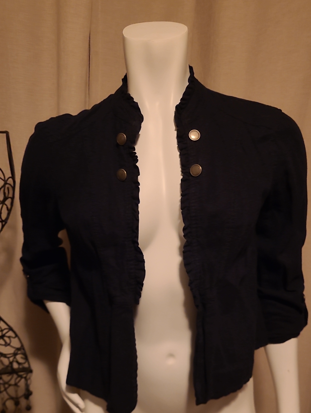 Maurices Navy Ruffled Detail Open-Front Jacket